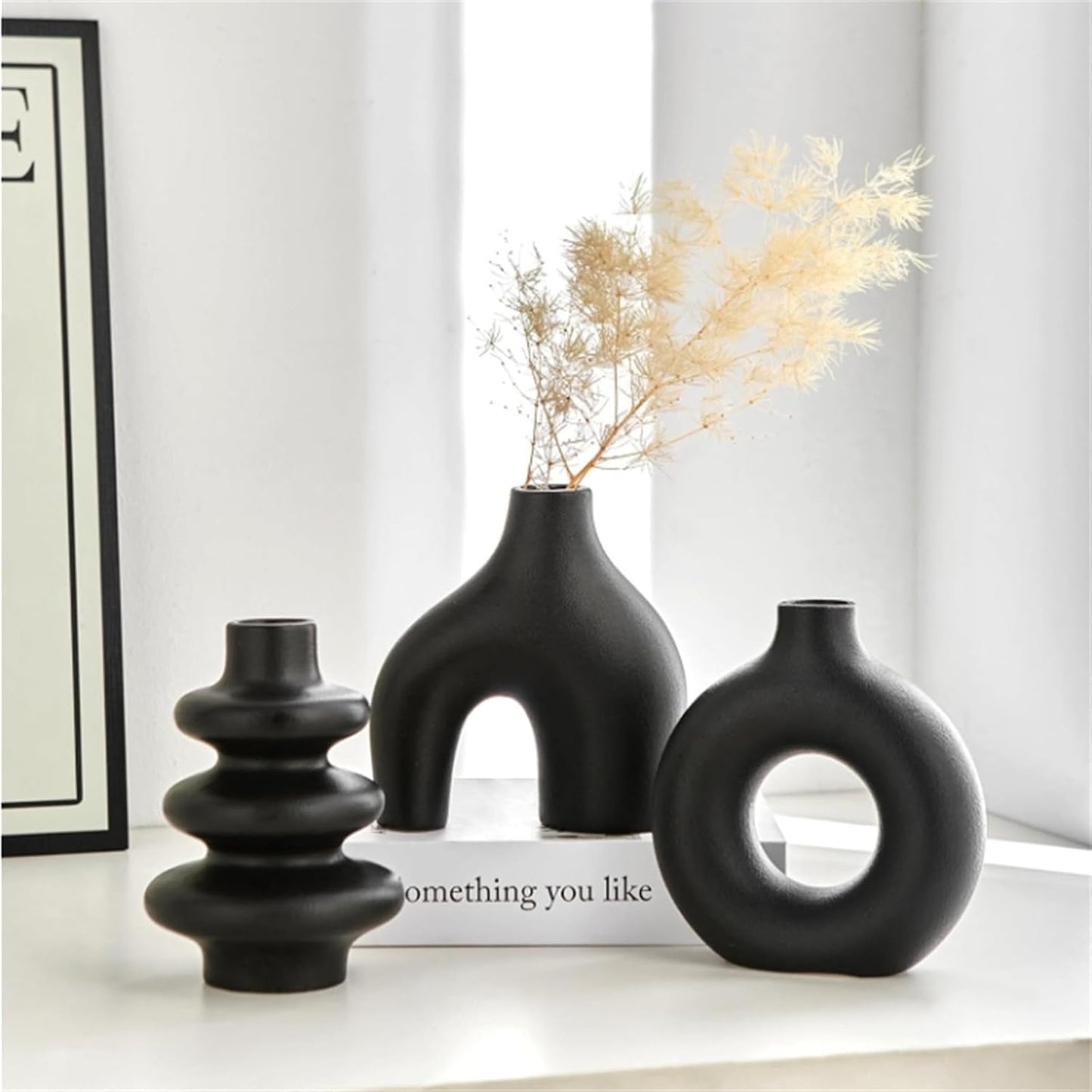 White Ceramic Vases Set of 3, Minimalist Nordic Modern Style, Round Donut Vase for Dried Flowers, Pampas Grass & Fresh Blooms,Boho Home Decor for Table Shelf Living Room Office (White)