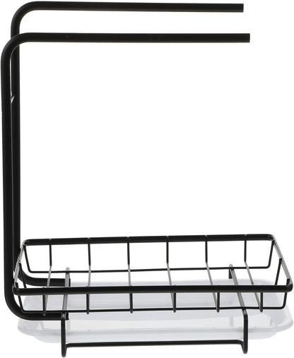 Uonlytech Kitchen Sponge Dishcloth Rack, Dual-Purpose Wall-Mounted and Counter Storage with Two Black Rods, Draining Sponge Rag Holder for Kitchen Cleaning and Organization