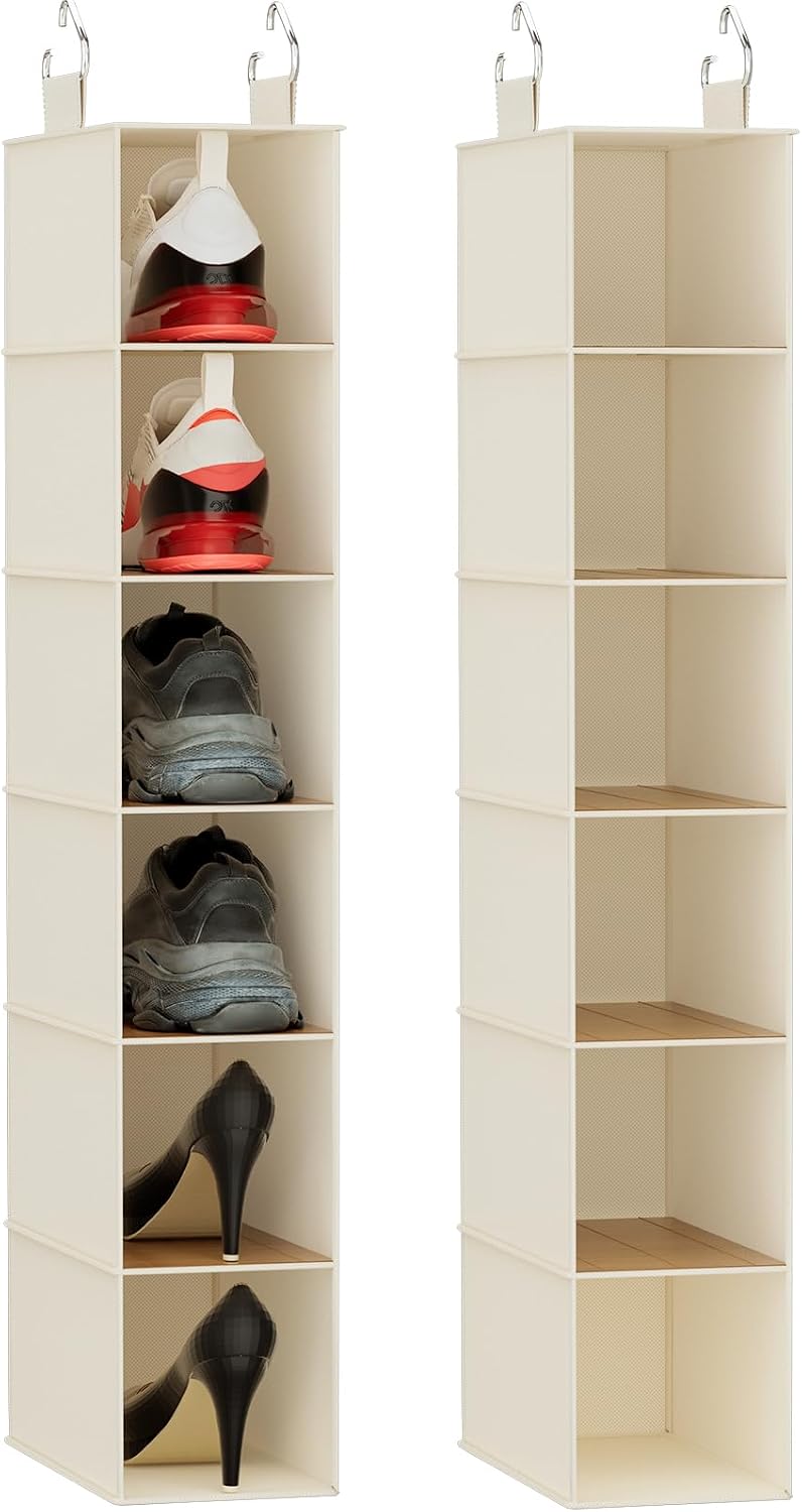 Hanging Shoe Organizer for Closet with 8 Shelves,Mesh Pockets-Wider Hanging Shelves for Shoes,Clothes,Hats with Sturdy Bamboo-Supported Design (Beige)