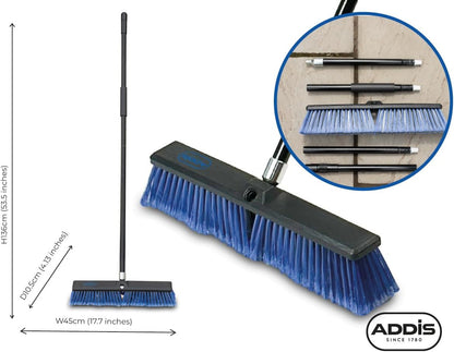 Outdoor Broom & Patio Brush by Addis – Heavy Duty 45cm (17.7") Angled Head with Stiff Bristles Deck Driveway Garden & Yard Sweeping Brush Large Push Broom for Concrete Tile Wooden Floors, Blue Black