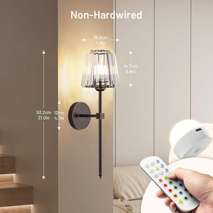 Crystal Battery Operated Wall Sconces Set of 2, Gold Rechargeable Wireless Wall Sconce Lights with Crystal Lampshade, 12 RGB and 3CCT Dimmable Wall Lamps with Remote for Bedroom Living Room Hallway