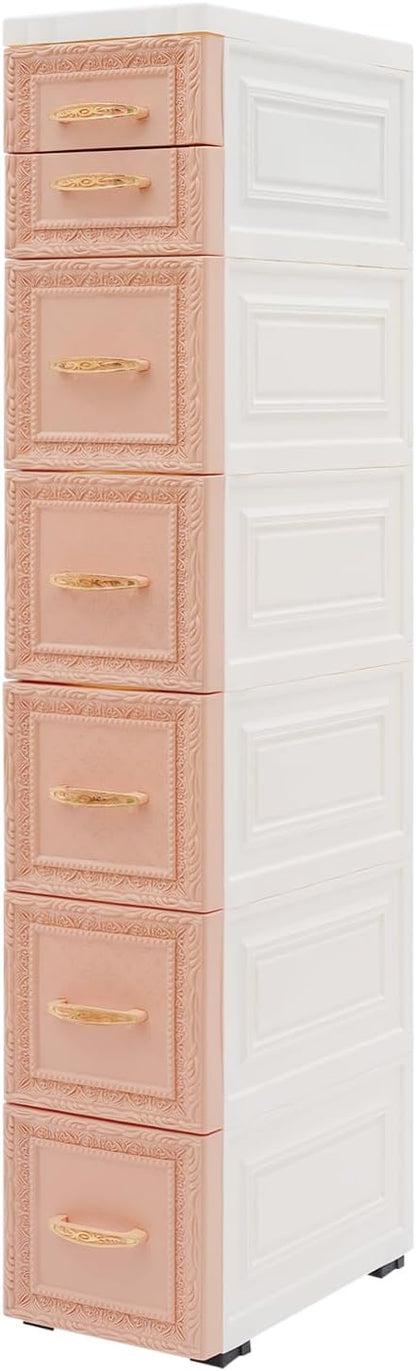 8 Drawers Narrow Storage Cabinet with Wheels,Slim Floor Cabinets,Rolling Organizer Cart for Small Spaces,Pink