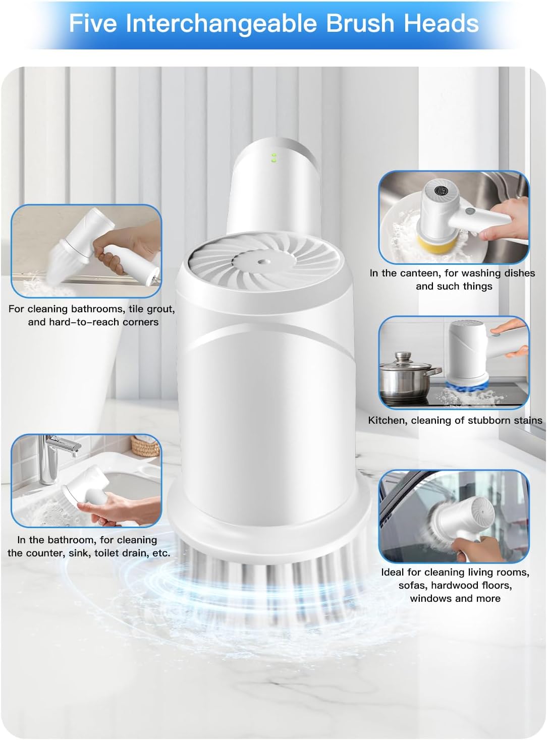 Electric Spin Scrubber with Power LCD Display, Cordless Bathroom Cleaning Brush with Adjustable Extension Handle, 400RPM/Mins, 9 Replaceable Brush Heads, IPX7 Waterproof for Shower, Bathtub, Tile