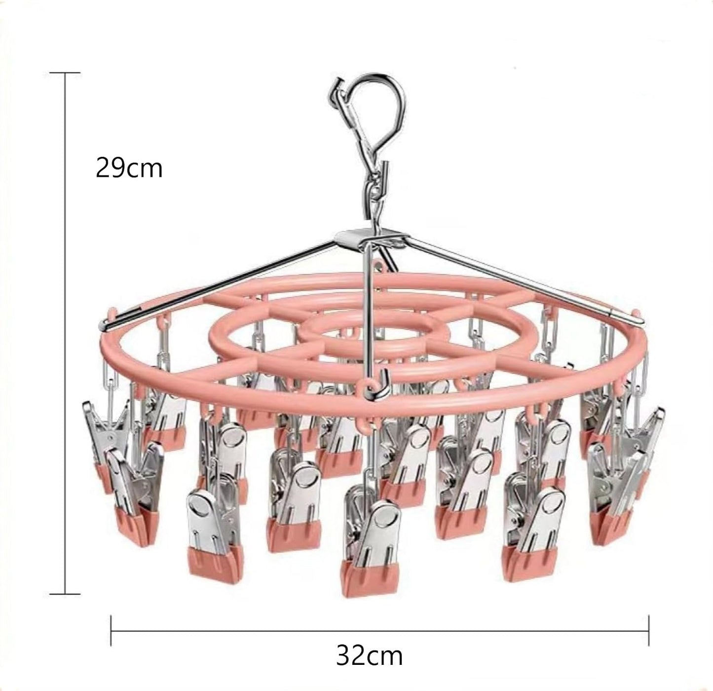 Drying Rack for Sock, Stainless Steel Sock Drying Rack with 24 Clips, Swivel Hook Windproof Hanger for Sock, Bras, Towel, Underwear, Laundry, Hat, Scarf, Pants, Gloves(Pink)
