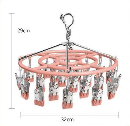 Drying Rack for Sock, Stainless Steel Sock Drying Rack with 24 Clips, Swivel Hook Windproof Hanger for Sock, Bras, Towel, Underwear, Laundry, Hat, Scarf, Pants, Gloves(Pink)