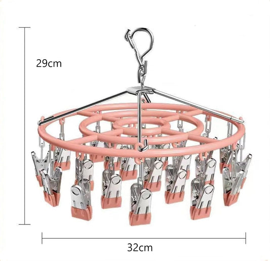 Drying Rack for Sock, Stainless Steel Sock Drying Rack with 24 Clips, Swivel Hook Windproof Hanger for Sock, Bras, Towel, Underwear, Laundry, Hat, Scarf, Pants, Gloves(Pink)