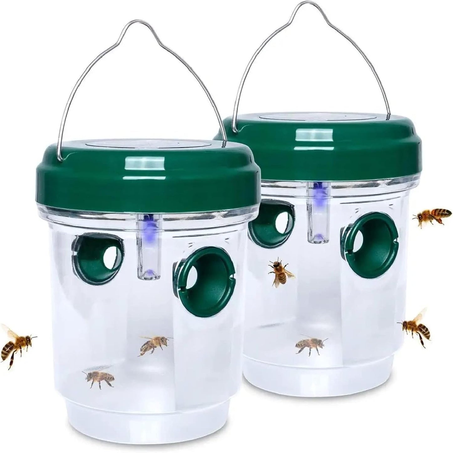 2 Pack Solar Wasp Traps Outdoor Hanging Yellow Jacket Traps Reusable Hornet Traps Carpenter Bee Traps for Outsides Bee Catcher Wasp Killer with Led Light