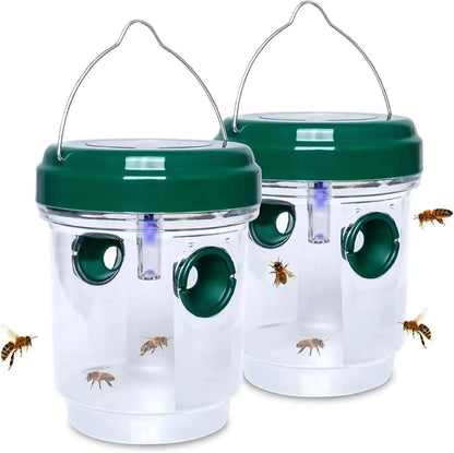 2 Pack Solar Wasp Traps Outdoor Hanging Yellow Jacket Traps Reusable Hornet Traps Carpenter Bee Traps for Outsides Bee Catcher Wasp Killer with Led Light
