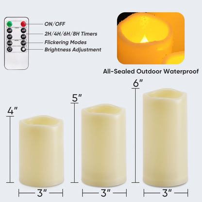 Homemory 3 Pack Flameless Candles, Outdoor Waterproof, Battery Operated LED Pillar Candles with Remote Control and Timer, Plastic, Long Lasting，4”5”6”