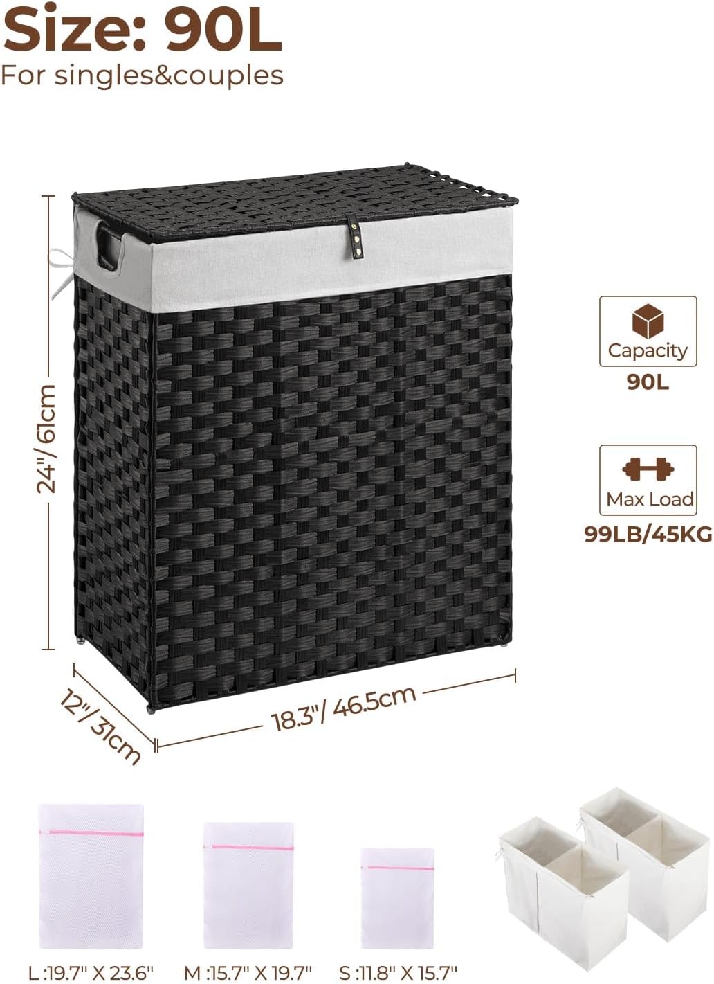 Greenstell Laundry Hamper with 2 Removable Liner Bags, Foldable Divided Clothes Hamper, 90L Handwoven Rattan Laundry Basket with Lid and Handles, No Assembly Needed, 18.3x13.3x24 Inches, Black