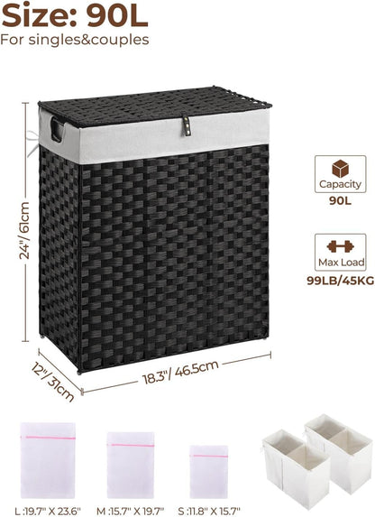 Greenstell Laundry Hamper with 2 Removable Liner Bags, Foldable Divided Clothes Hamper, 90L Handwoven Rattan Laundry Basket with Lid and Handles, No Assembly Needed, 18.3x13.3x24 Inches, Black