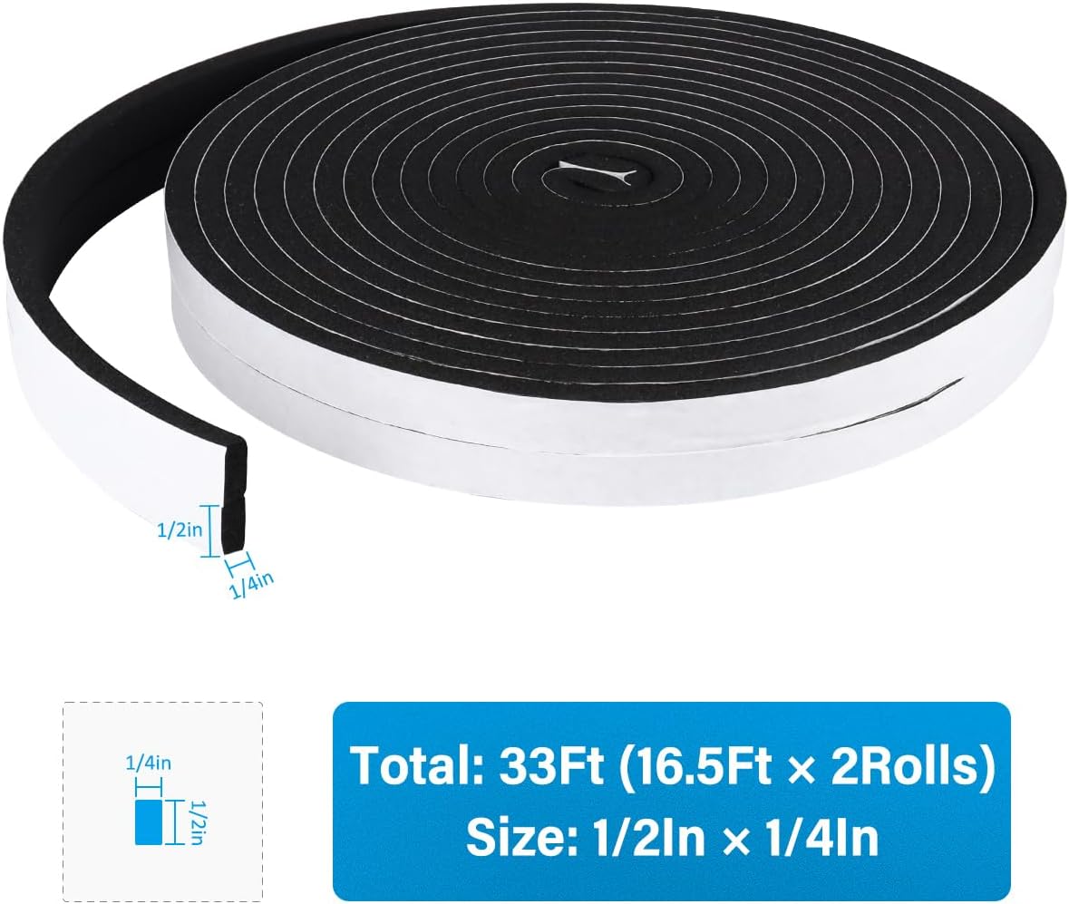 DGSL Foam Insulation Tape, 1/2In x 1/4In x 33Ft Weather Stripping Door Seal Strip for Doors and Windows,Sliding Door,Sound Proof Soundproofing Door Seal,Weatherstrip,Air Conditioning Seal Strip