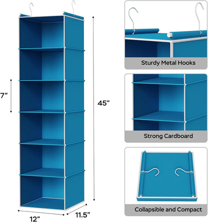 MAX Houser 6 Tier Shelf Hanging Closet Organizer, Closet Hanging Shelf with 2 Sturdy Hooks for Storage, Foldable (Grey)