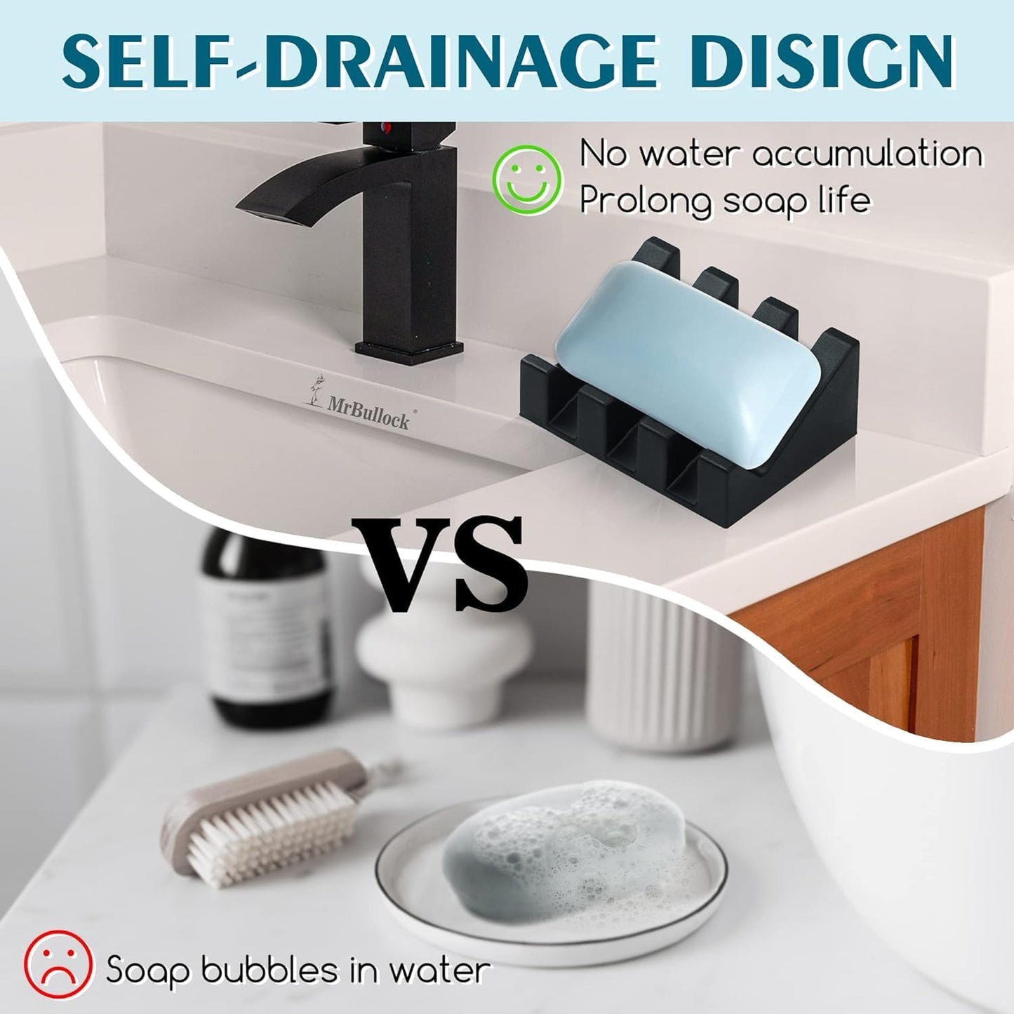 Self Draining Silicone Soap Dish with Suction Cups - Non-Slip Bar Soap Holder for Shower & Kitchen, Waterfall Tray Keeps Soap Dry, Easy Clean, Extends Soap Life (White, 1)
