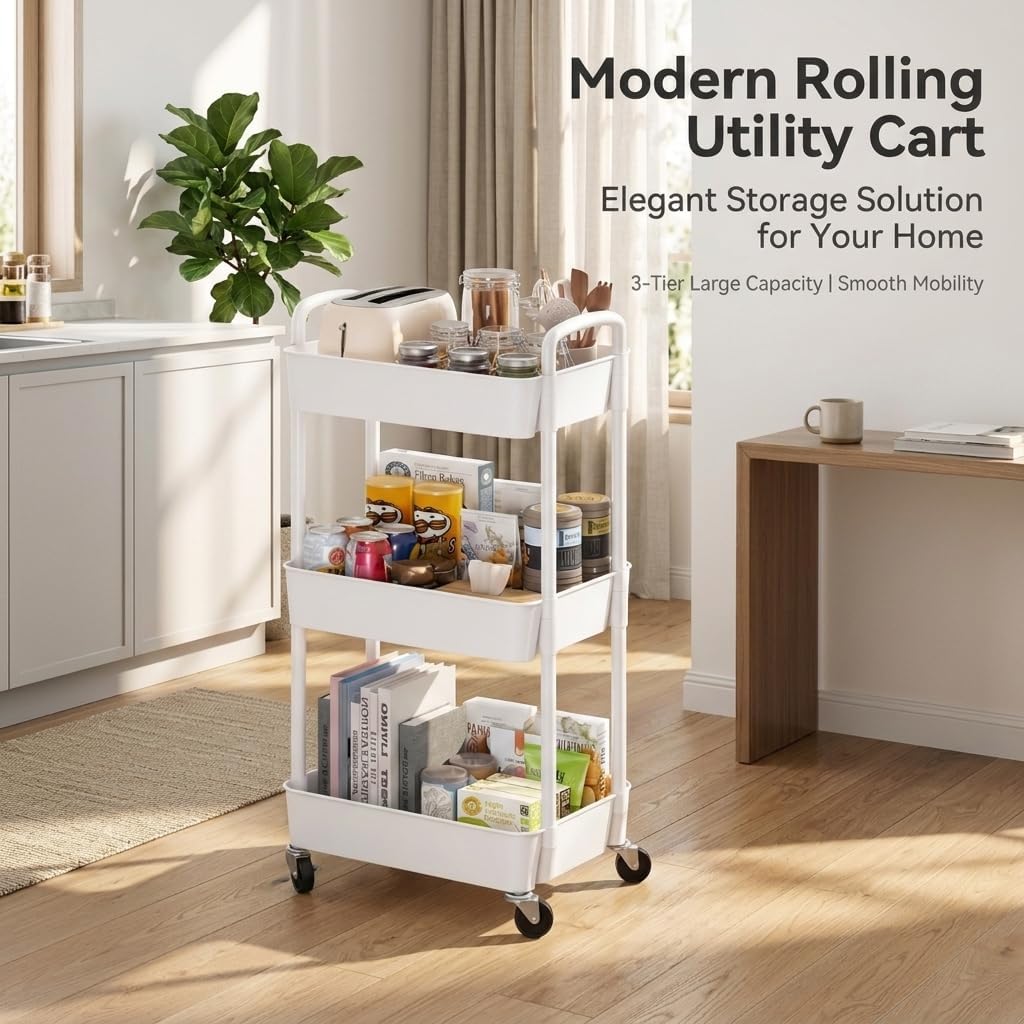 3-Tier Rolling Storage Cart with Wheels - Slim Mobile Utility Cart Organizer Rack, Space-Saving Multi-Functional Rolling Shelf for Kitchen, Bathroom, Laundry Room, Office, White