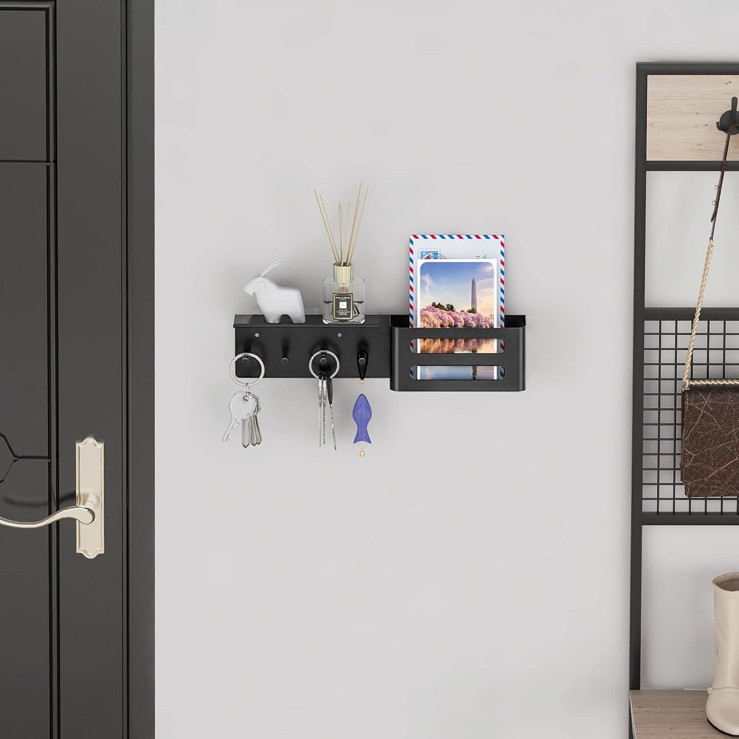 MKO Key Holder Wall Mount, Key Holder Wall Mount Adhesive with Mail Organizer Tray with 6 Key Hooks for Wall, Black