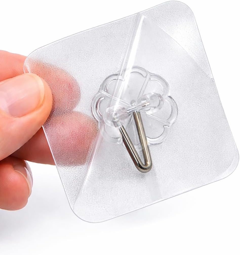 Tech Team #908 Adhesive Wall Hooks – 8-Piece Clear Heavy-Duty Stick-On Hooks for Bathroom, Kitchen, Office, Garage & Outdoor Use – No-Drill, Waterproof, Reusable, Strong Holding Power