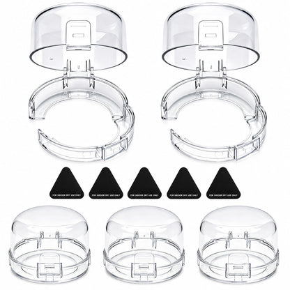 Stove Knob Safety Covers for Child (5 Pack) – Durable PC Oven Knob Covers with Dual-Button Locks & 5 Heat Alert Stickers – Childproof Gas Stove Knob Locks for Baby Safety (Transparent/White)