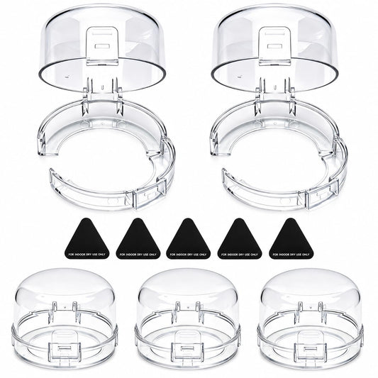 Stove Knob Safety Covers for Child (5 Pack) – Durable PC Oven Knob Covers with Dual-Button Locks & 5 Heat Alert Stickers – Childproof Gas Stove Knob Locks for Baby Safety (Transparent/White)