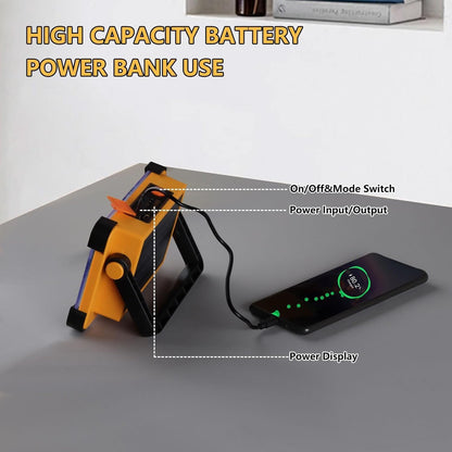 120W Solar Rechargeable Work Light, 144 LED 10000LM Portable Flood Light with Stand, IP66 Waterproof 4 Modes LED Job Site Lighting Flashlights for Mechanic Camping Fishing Car Repair
