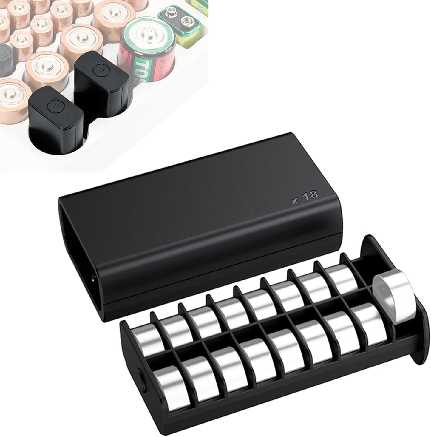 Hard Shell Battery Organizer Holder with Small Battery Tester, IP68 Waterproof Multi 82 Slots Batteries Vault Case for 40 AA & 12 AAA & 12 CR2032 CR2025 & 18 LR44 Button Cell/2 D Size Batteries Case