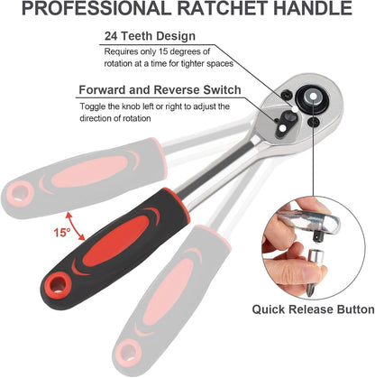 Beaiguna 46PCS Small Drive Socket Ratchet Wrench Screwdriver Set, 1/4 Inch Metric Socket and Ratchet Wrench Set with Extension Bar, Upgrade Compact Tool Set for Car