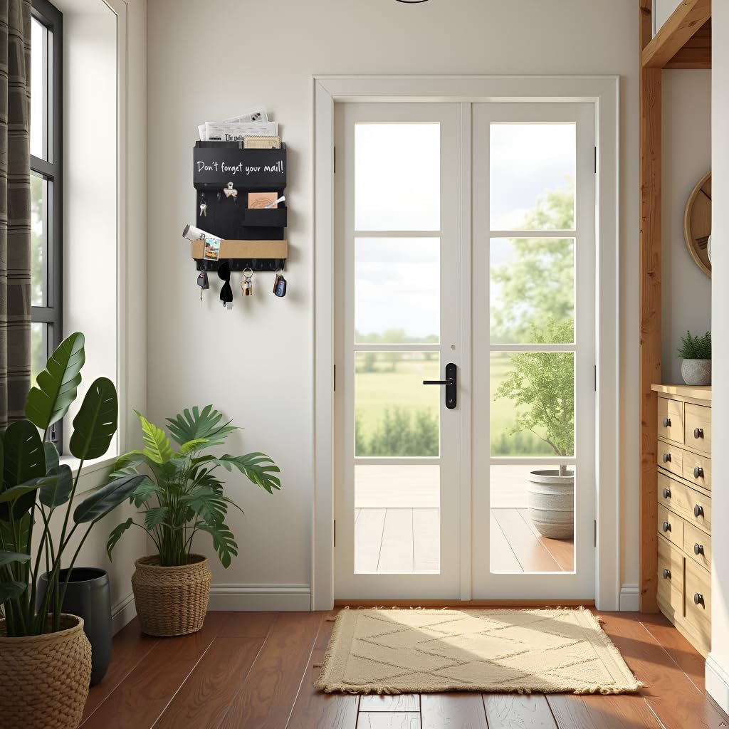 Key Holder for Wall Mount with Shelf and Mail Organizer, Key and Mail Holder with 16 Hooks, Farmhouse Entryway Organizer, Home Decor Rack (Pine Wood, Black)