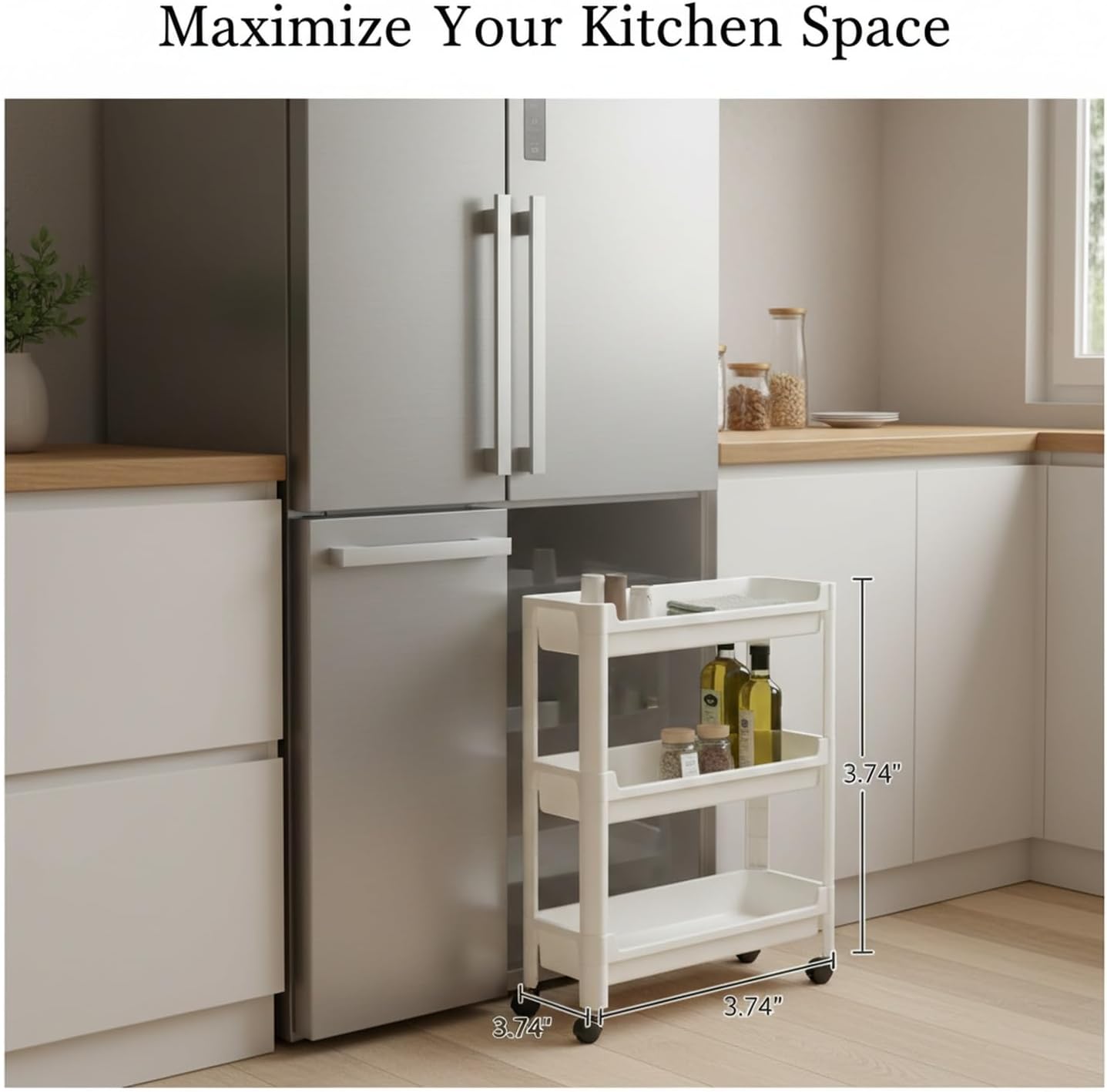 Slim Rolling Storage Cart, White | Plastic Utility Organizer, With Wheels, For Narrow Gaps, Kitchen and Bathroom