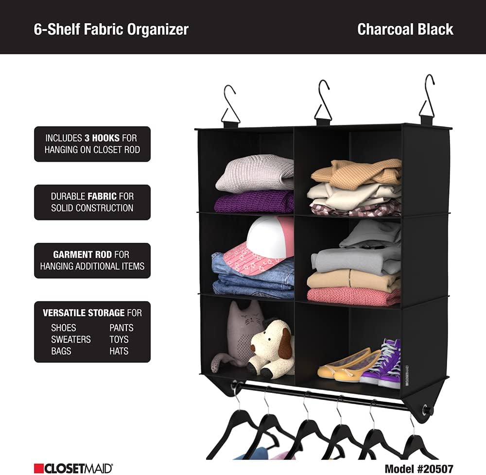 ClosetMaid 10-Shelf Fabric Hanging Shoe Storage Organizer for Closet, Charcoal Black