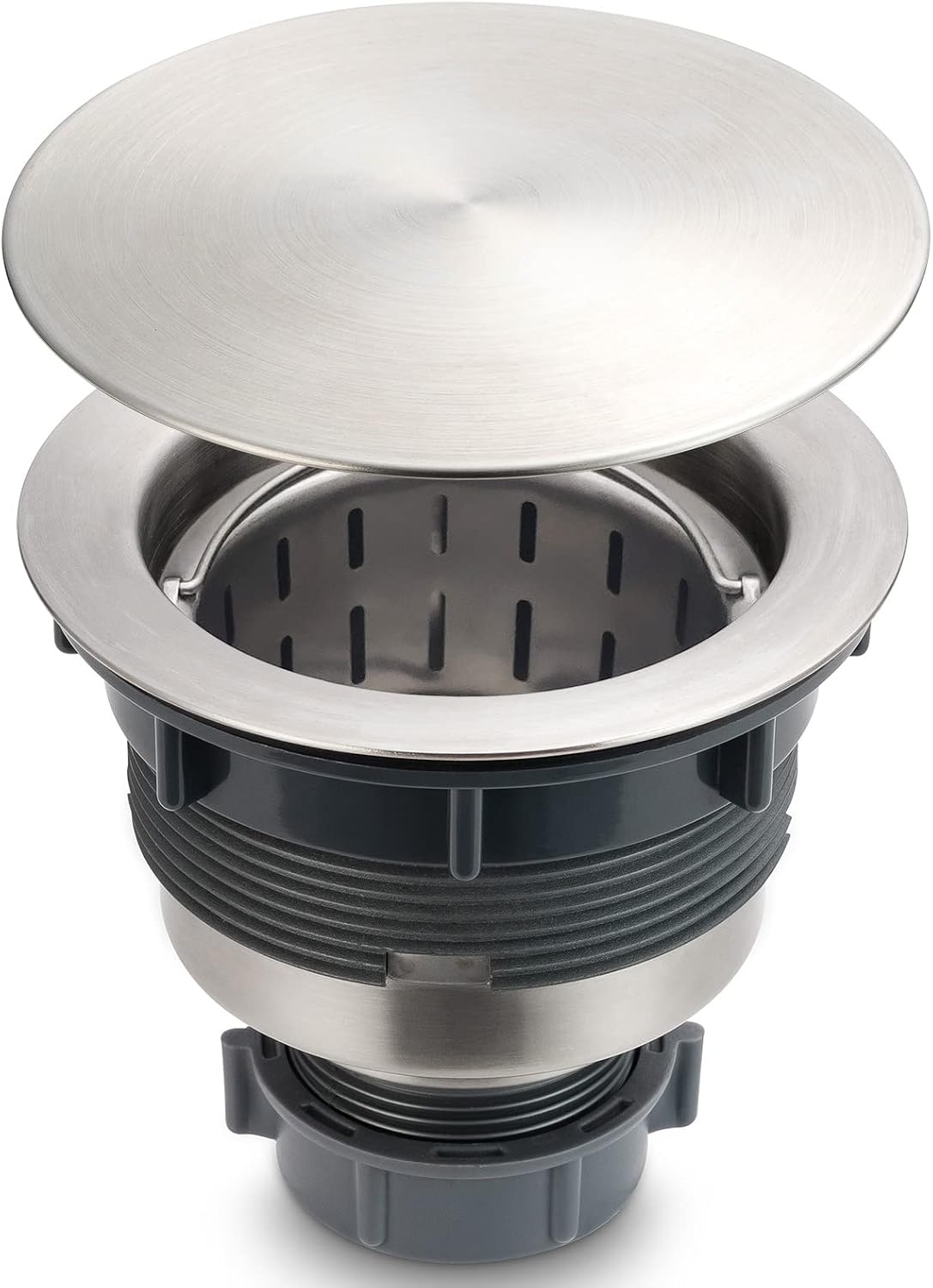 GZILA 3.5" Kitchen Sink Drain Strainer Assembly Kit with Stopper Cover, Removable Deep Waste Basket Replacement, SUS304 Stainless Steel Brushed Nickel, Add Decor Flat Lid