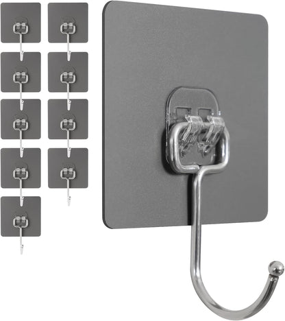 Adhesive Wall Hooks for Hanging - 60lb Heavy Duty Waterproof & Rustproof, Sticky Hooks for Walls No Damage, Kitchen/Bathroom/Rental (Ganchos para Pared) 10-Pack