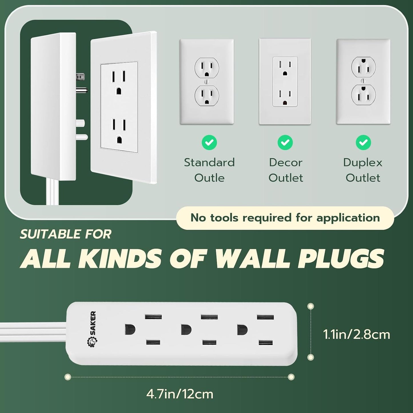 Saker Outlet Concealer Power Strip | 5ft Flat Plug Extension Cord with 3 Outlets,1625W | Universal Size Outlet Cover Baby Proofing | Cover Extension Cord for Kitchen, Home and Office