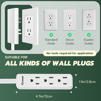 Saker Outlet Concealer Power Strip | 5ft Flat Plug Extension Cord with 3 Outlets,1625W | Universal Size Outlet Cover Baby Proofing | Cover Extension Cord for Kitchen, Home and Office