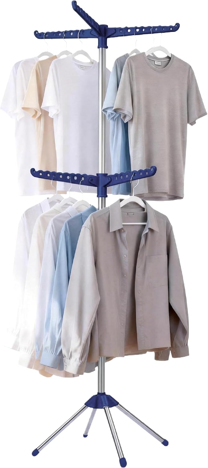 Beaudaily Clothes Drying Rack, Foldable 79.5-Inch Laundry Drying Rack,3 Tie, with Rotatable Arms, Stainless Steel, Holds 27 Clothes,8 Towels and 24 Clips for Hanging Socks, White and Silver