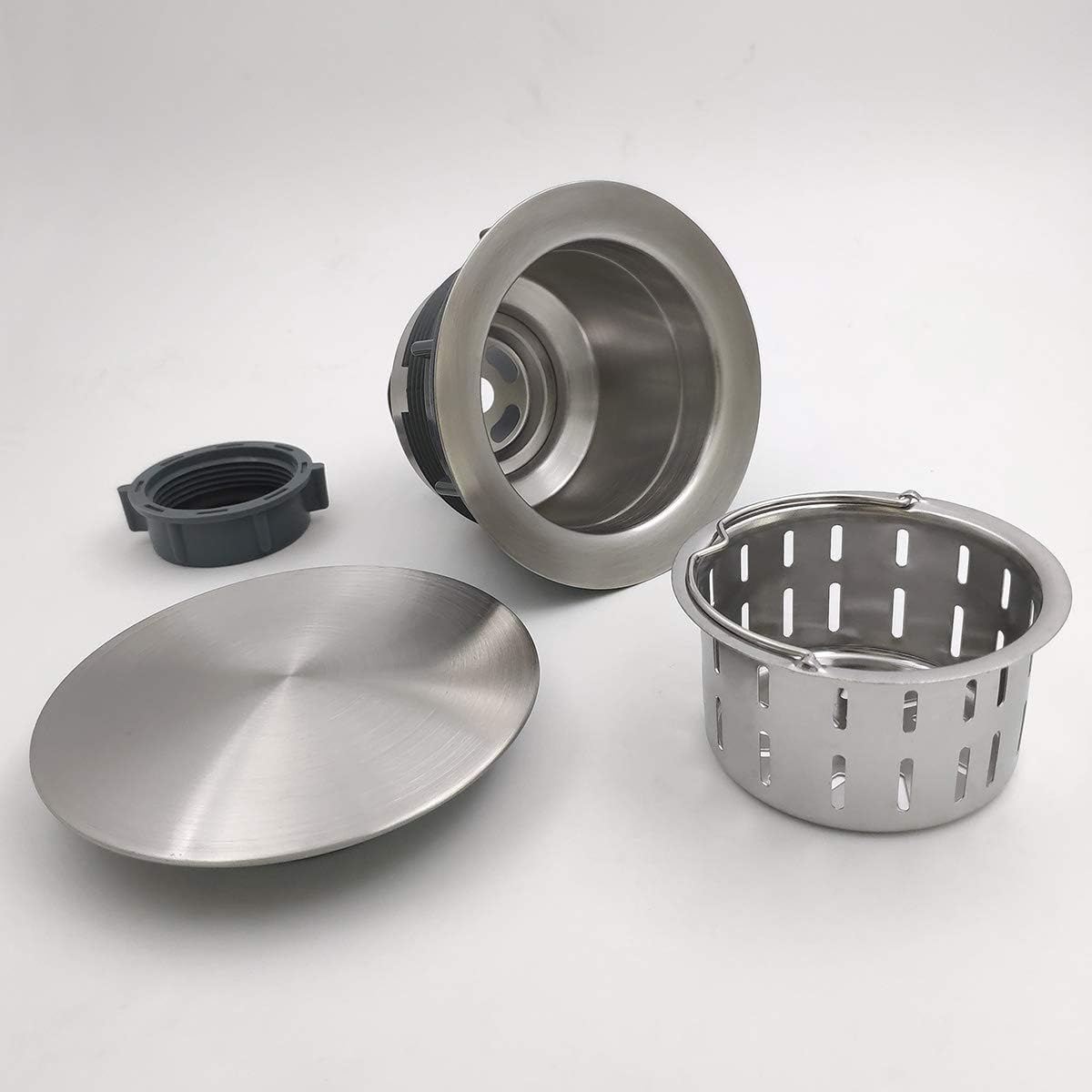 GZILA 3.5" Kitchen Sink Drain Strainer Assembly Kit with Stopper Cover, Removable Deep Waste Basket Replacement, SUS304 Stainless Steel Brushed Nickel, Add Decor Flat Lid