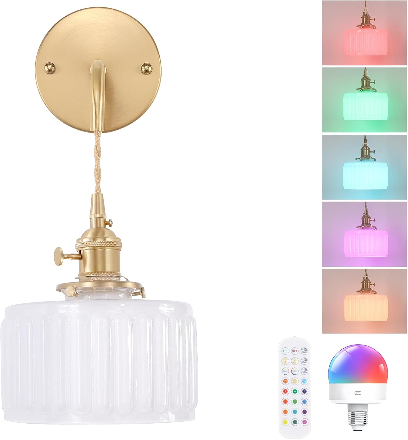Shenmoyl Vintage Battery Operated Wall Sconce with Clear Striped Glass Lampshade 5000 mAh Rechargeable Battery Powered Wall Light with Remote Control for Bedside Bedroom Doorway, Set of 2