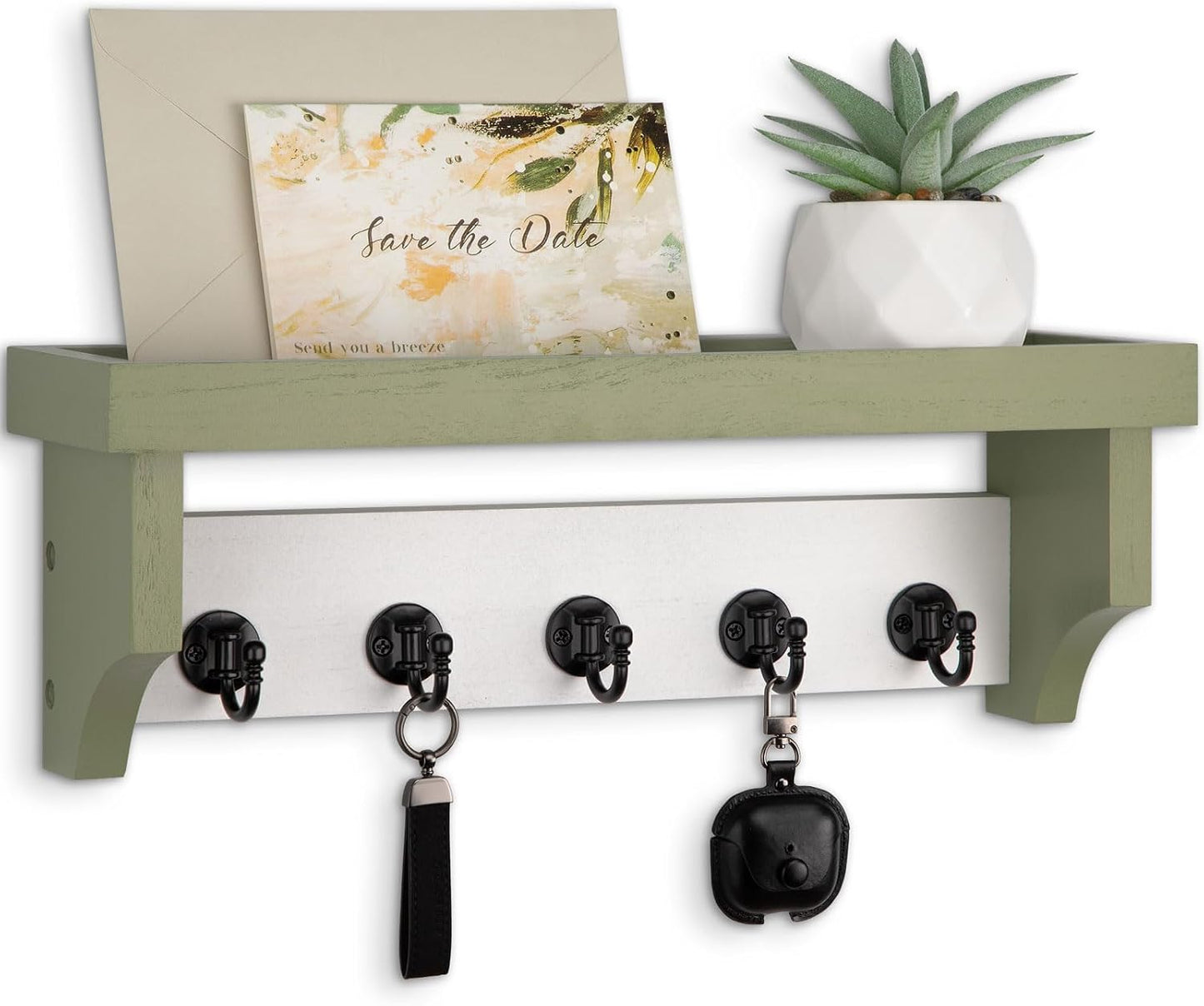 Key and Mail Holder Wall Mount, Key Holder with Shelf and Mail Organizer Wall Mount. Mail Holder with 5 Hooks for Coat, Dog Leash, Home Decor Rack, Entry Way Organizer (White)