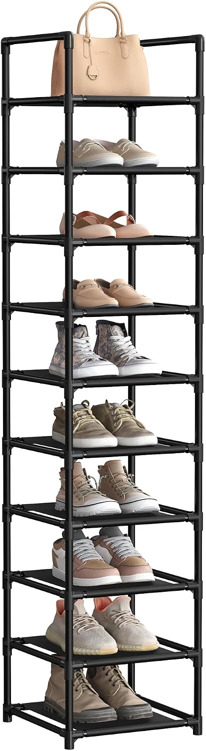SONGMICS Shoe Rack, 10-Tier Shoe Shelf, Shoe Storage Organizer, 11 x 17.7 x 68 Inches, Metal Frame, Non-Woven Fabric Shelves, for Entryway, Bedroom, Black ULSH010B02