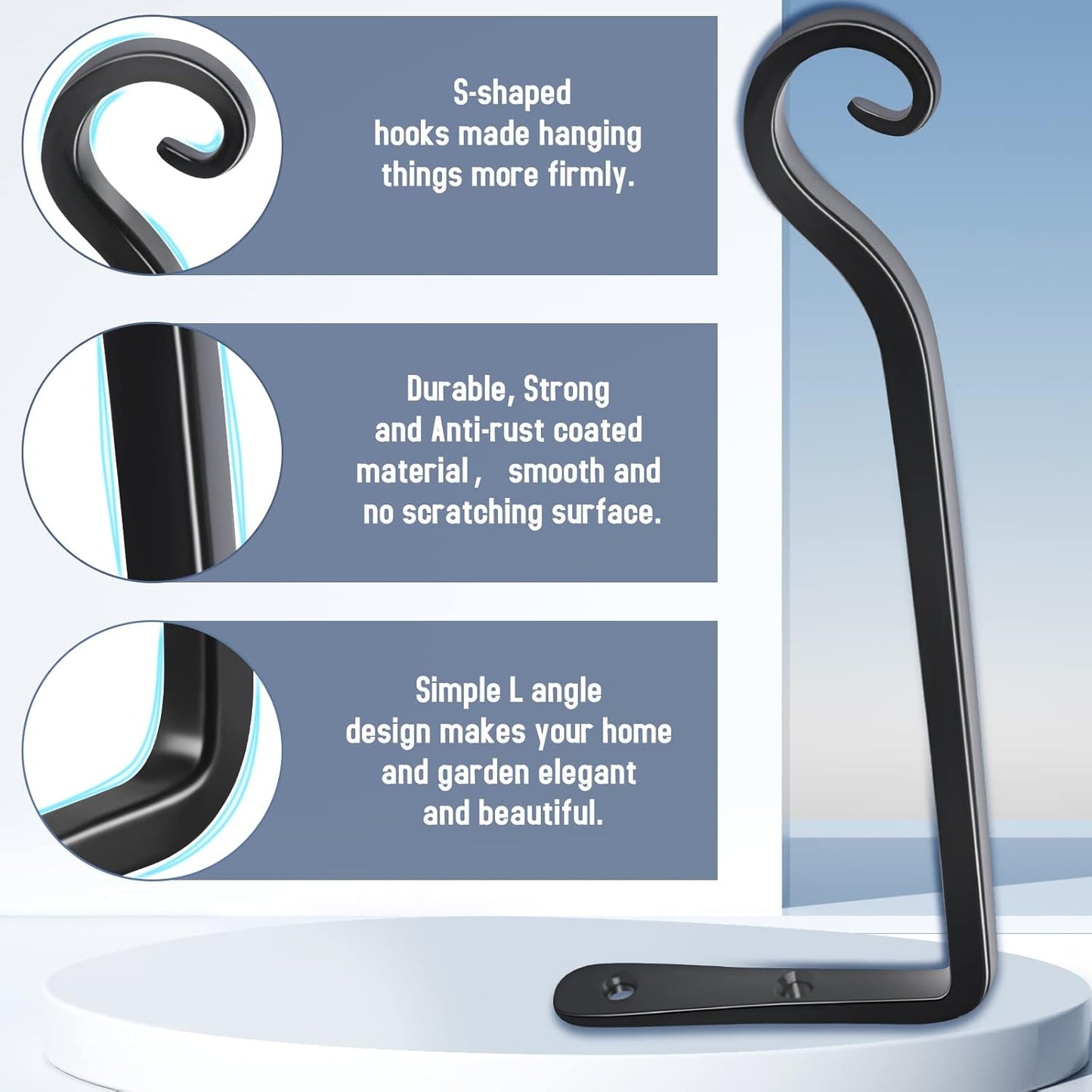 FEED GARDEN Heavy Duty Plant Hangers Outdoor Indoor, 8 Inch 2 Pack Metal Hanging Bracket Holds Up to 44 lbs, Wall Brackets for Hanging Baskets, Bird Feeders,Wind Chime& Lanterns, Black