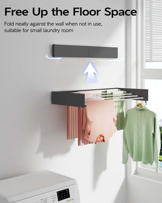 Vikaqi Wall Mounted Clothes Drying Rack 32", Foldable Wall Mount Laundry Rack Folding Indoor, Drying Rack Clothing Collapsible, Hidden Space Saver with Wall Template, 5 Rods, White