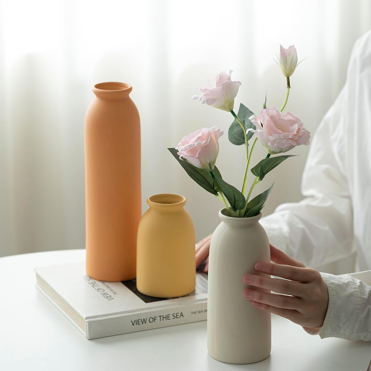 Ceramic Vase Set-3, Small Flower Vases for Decor, Modern Boho Farmhouse Style, Decorative Vases for Pampas Grass & Dried Flowers, Distressed Finish (Beige)