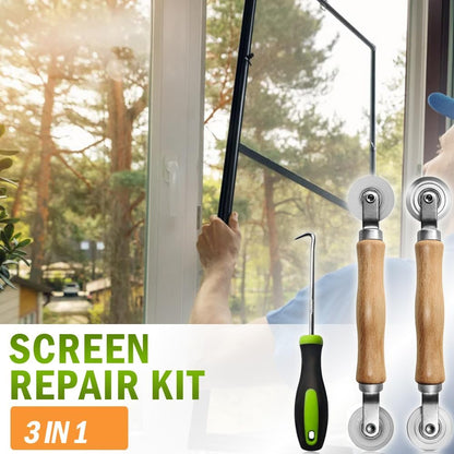 Screen Repair kit, Screen Roller Tool, Steel Roller with Bear+32ft Screen Spline+Removal Hook, 3 in 1 Window Screen Door Repair Kit,for Installing Door Window Mesh
