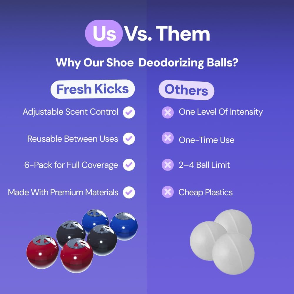 Fresh Kicks Foul Ballz Shoe Deodorizer Balls – 6 Pack – Eliminate Smelly Shoes Fast – Strong Sneaker Odor Fighter – Long-Lasting Shoe Freshener Inserts for Gym Bags, Lockers, Closets & Sports Gear