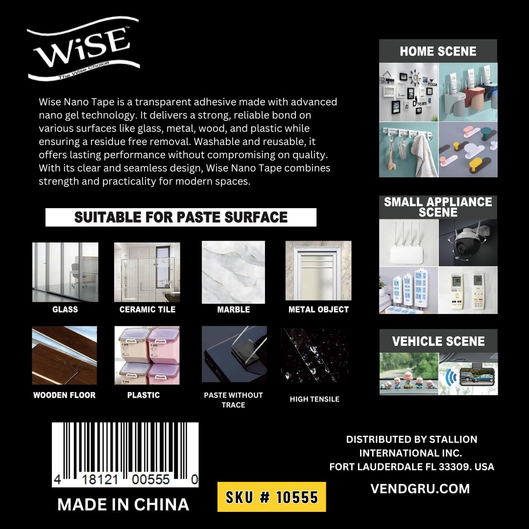 Wise Nano Double Sided Tape – Heavy Duty, Reusable, Washable, Strong Adhesive Gel Grip for Walls, Carpets, Home, Office, Removable Mounting Tape – 1.18" x 120"