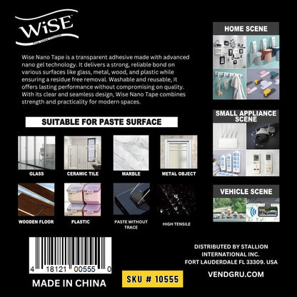 Wise Nano Double Sided Tape – Heavy Duty, Reusable, Washable, Strong Adhesive Gel Grip for Walls, Carpets, Home, Office, Removable Mounting Tape – 1.18" x 120"