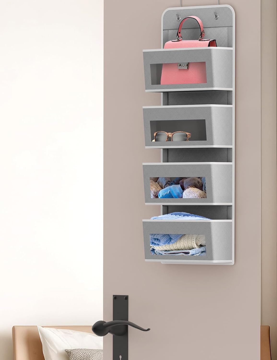 Simple Houseware 6 Clear Window Pocket Over Closet Door Storage Hanging Organizer for Bedroom, Bathroom, Pantry, Beige
