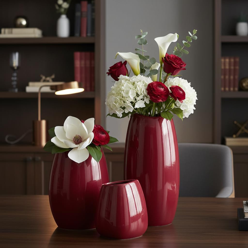 hjn Ceramic Vase Set of 3 White Flower Vase for Home Decor, Modern Decorative Vases for Flowers/Ideal Shelf Decor/Table/Living Room/Kitchen/Office-White