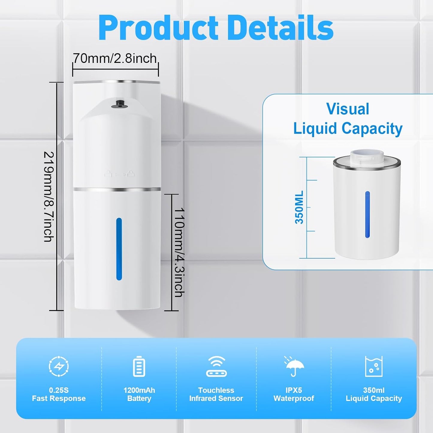 Fantictas Automatic Soap Dispenser,Touchless Hand Wall Mount Rechargeable 3 Gear Adjustable Electric Soap Dispenser 350ml with Infrared Motion Sensor for Bathroom,Kitchen,Office, White Gel