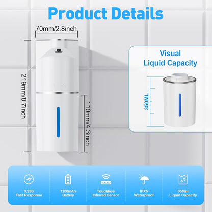 Fantictas Automatic Soap Dispenser,Touchless Hand Wall Mount Rechargeable 3 Gear Adjustable Electric Soap Dispenser 350ml with Infrared Motion Sensor for Bathroom,Kitchen,Office, White Gel