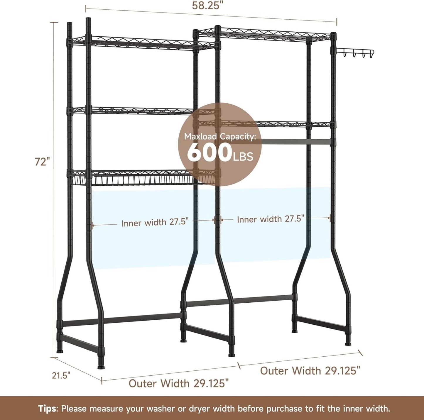 Golpart Over Washer and Dryer Shelves,Heavy Duty Laundry Room Storage Organization Clothes Drying Rack,5 Tier Adjustable Height Wire Shelving and Wire Basket with Hanger Rod&Hook,Space Saving Shelf